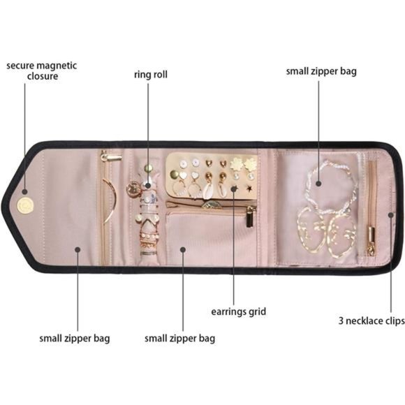 Travel Jewelry Organizer Case Foldable Jewelry Roll for Journey, Black - Picture 2 of 7